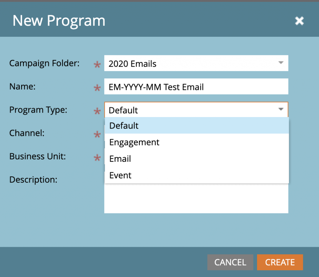 Screenshot of New Program in Marketo. The Program type is Default.